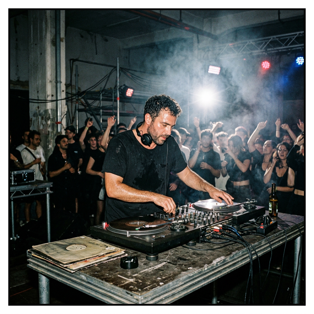 DJ behind decks in a dark warehouse