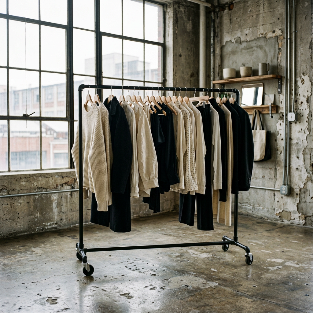 Clothing rack in a raw studio space